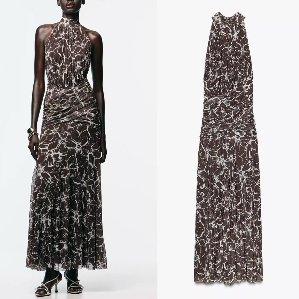 ZARA HALTER PRINTED TULLE LONG DRESS